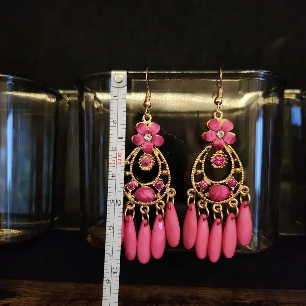 Elegant Pink and Gold Floral Earrings